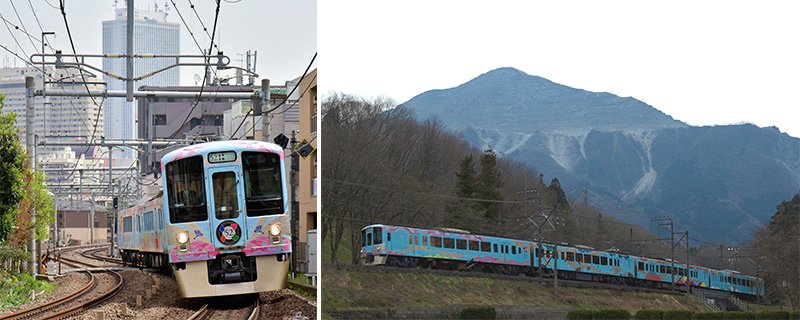 El 52 seki no shifuku pasa cerca del edificio Sunshine 60 de Ikebukuro, Tokio (izquierda), y por el monte Bukō, en Chichibu (Imágenes cortesía de Seibu Tetsudō)