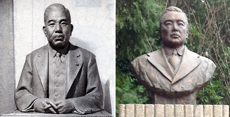 戦前の松木幹一郎の銅像（左）と戦後造られた銅像（右）（提供：古川 勝三）