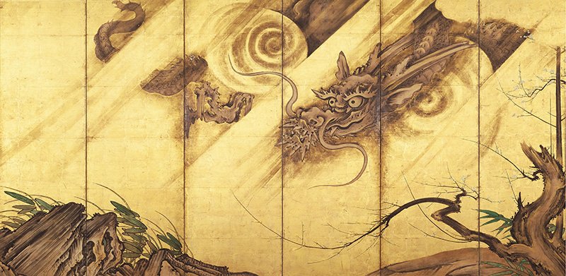Lámina derecha del biombo Dragón y Tigre, de Kanō Sanraku. Patrimonio Cultural de Importancia. Data de entre los períodos Azuchi-Momoya y Edo (siglo XVII). Propiedad del templo Myōshin, Kioto.