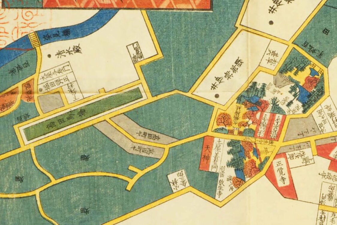 尾張屋版『江戸切絵図』（国会図書館蔵、1854刊）の「大久保絵図」より、高田馬場周辺を切り抜き、北を上にした。右下部の「正覚寺」の左が穴八幡宮で、その上にある水稲荷社は、戦後に左上部の「清水殿」の敷地跡に遷座した
