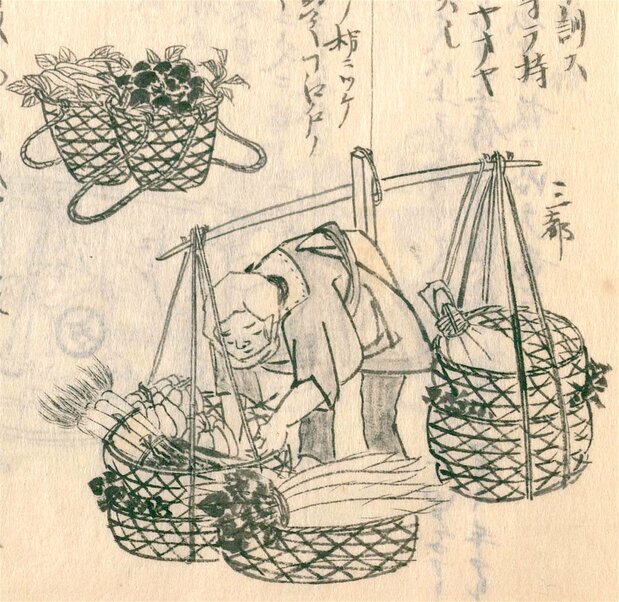 卖长萝卜的棒手振。前面是京坂地区的篮子,后面(左上)是江户棒手振挑的篮子,外形略有不同(《守贞漫稿》国立国会图书馆藏)