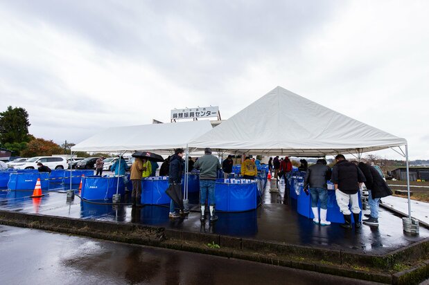 La feria de carpas nishikigoi de la Asociación Dainichi OB, celebrada en el Centro de Promoción de las Carpas Nishikigoi de la ciudad de Ojiya.