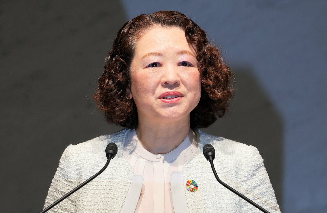 労使フォーラムで講演する連合の芳野友子会長＝2024年1月24日、東京都千代田区（時事）