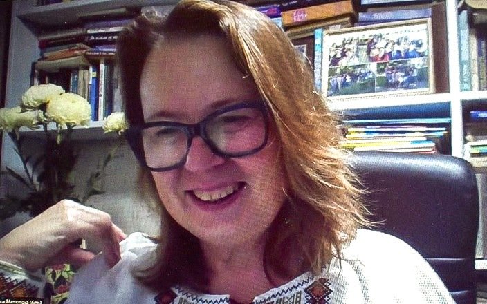 Ganna Mamonova in Kyiv during an online interview. (Courtesy Abe Haruki)