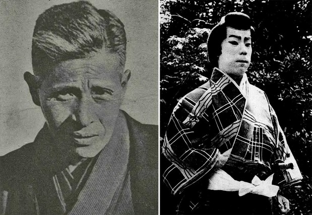 ماكينو شوزو (يسارًا) وأونوي ماتسونوسوكي (1875-1926)، وهو ممثل مسرحي متجول أصبح أول نجم سينمائي في اليابان بفضل أفلام ماكينو. (© من مكتبة البرلمان الوطني)