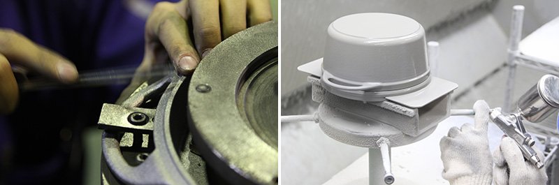 「バーミキュラ」の製造は、すべて愛知ドビーの工場内で行われる。フタ部分の旋盤工程（左）とホーローがけ（右）。