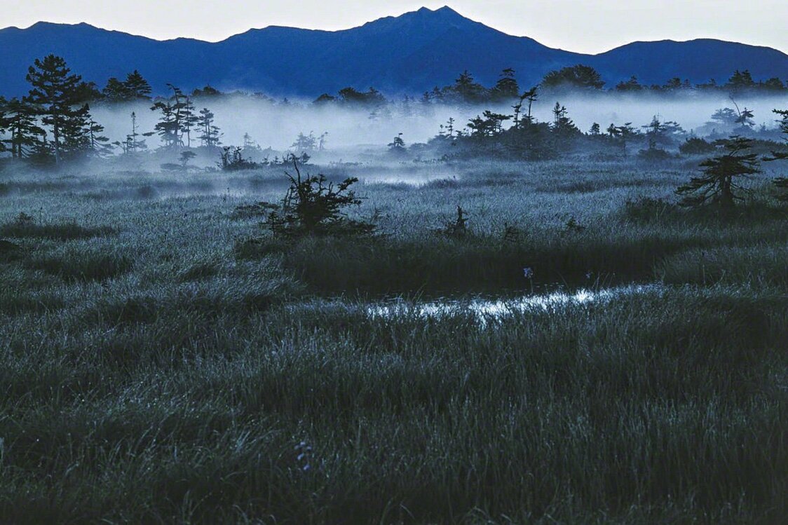 La vista del pico Ishikaridake (1.967 metros), cumbre principal de la zona este de la cordillera de Daisetsuzan, desde el humedal de Numanohara, en la profundidad de la serranía.