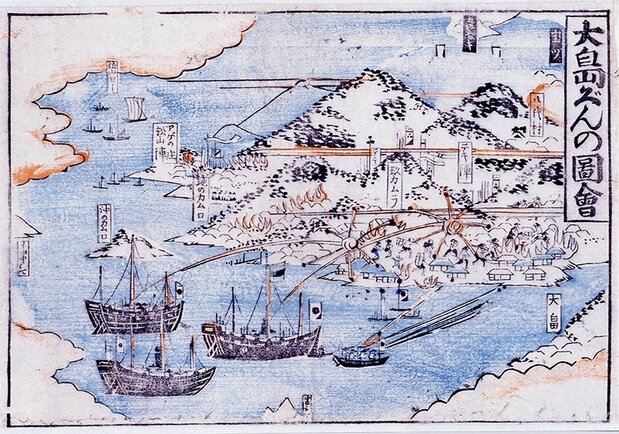 四境战争图 大岛郡画册 山口县立山口博物馆。描绘了在第二次征讨长州之战中与幕府军作战的长州军。这场战争因为发生在如今的山口县大岛口、艺州口、石州口和小仓口四个藩内,所以被称为“四境战争”。以濑户内海的周防大岛为战场的大岛口之战是首场战役