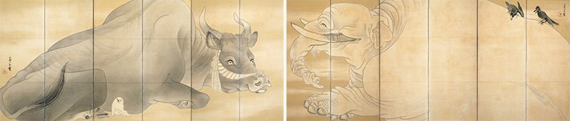 《白象黒牛図屏風》　白いゾウと黒いウシ（長沢芦雪）