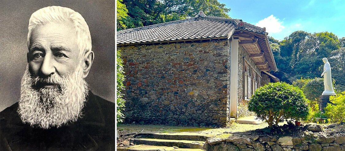 （左）与助が師と仰いだド・ロ神父　写真提供＝鉄川進一級建築士事務所（右）ド・ロ神父が設計した大野教会（長崎市）。壁面は地元で採れた玄武岩を積み上げたド・ロ壁　写真＝天野久樹