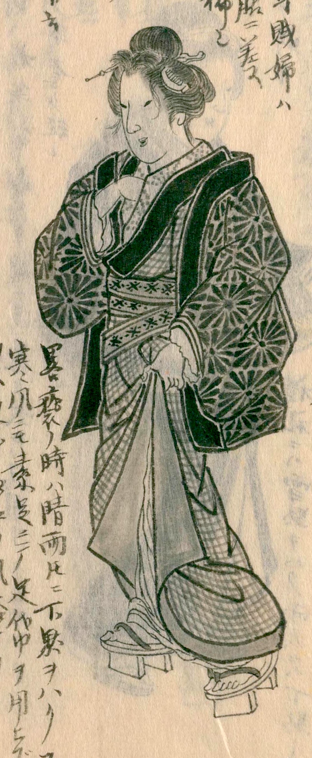 「今世江戸小戸ノ婦、褻服ノ図」（守貞漫稿）。既婚女性の普段着