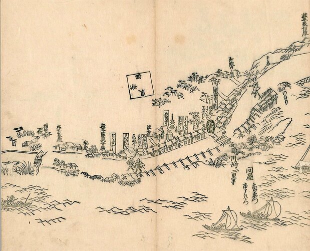 Shinagawa-juku tel qu’il est représenté dans le « Plan détaillé du Tôkaidô » (Tôkaidô bunkan ezu). À droite, la direction de Nihonbashi ; à gauche, celle de Kawasaki. Il s’agit d’une copie d’un plan réalisé vers 1690. (Conservée à la Bibliothèque nationale de la Diète)