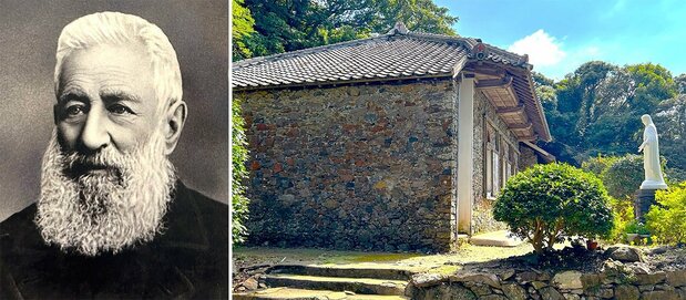 A la izquierda, el padre De Rotz, a quien Yosuke consideró siempre su maestro (cortesía del estudio de arquitectura Tetsukawa Susumu); a la derecha, la iglesia de Ōno (Nagasaki), diseñada por De Rotz. Los muros son del estilo “De Rotz”, con piedra basáltica extraída de una cantera próxima. ([Fotografía: Amano Hisaki)
