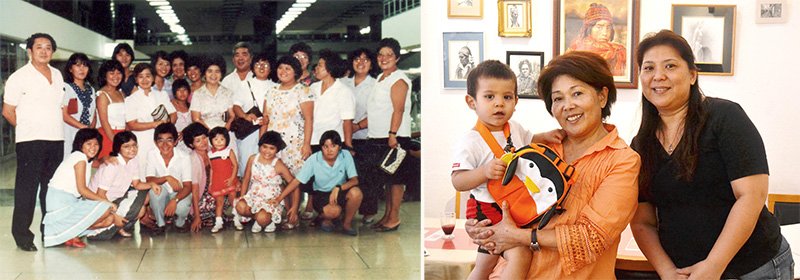 日本に帰国する日の宮平家（写真左）。家族3代。孫を抱く宮平ハツエさんと娘の宮平みゆきさん（写真右）。