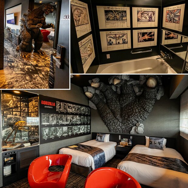 La habitación de Godzilla original sigue siendo la favorita entre los fans. Incluso el baño está totalmente decorado. (© Nippon.com; Por cortesía de TM & © Toho Co., Ltd.)