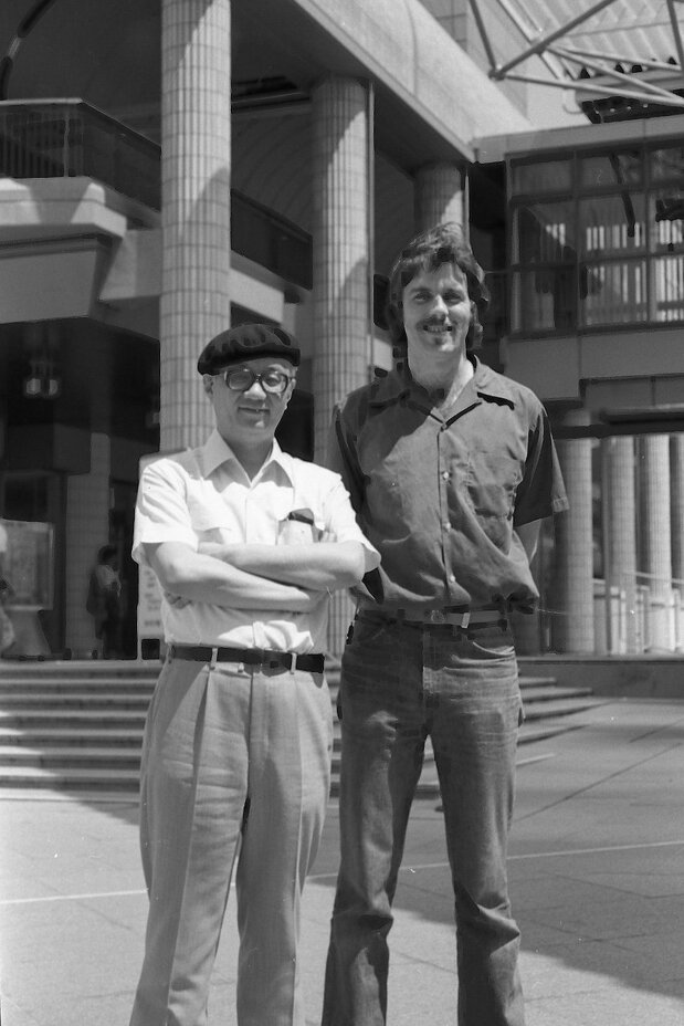 The late Tezuka Osamu with Schodt. (Courtesy Frederik Schodt)