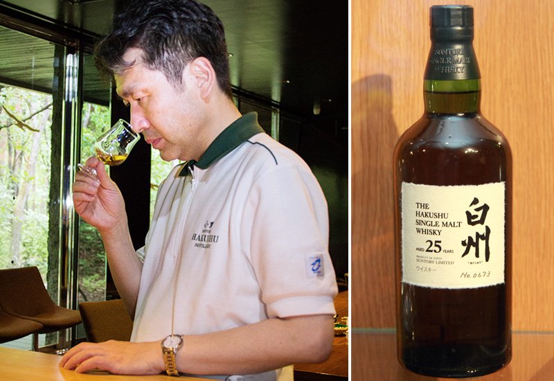 白州蒸馏厂的小野武厂长（左） 三得利的Single Malt白州25年（右）