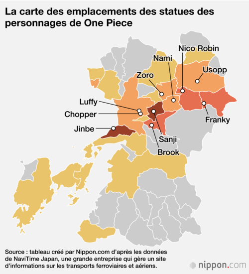 La carte des emplacements des statues des personnages de One Piece