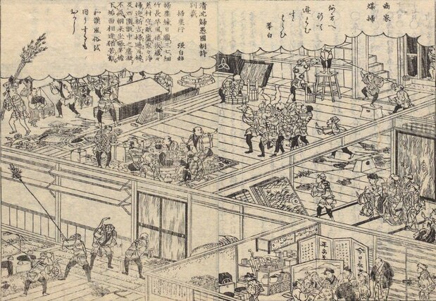 商店的所有学徒一同进行扫灰的情景(《东都岁事记》,日本国立公文书馆藏)