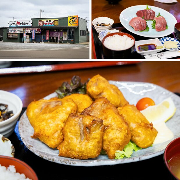 大間崎近くの「漁師の店 魚喰いの大間んぞく」(左上)では、「3色マグロ定食」(右上、税込み3960円)や「3色マグロ丼」が定番メニュー。下は大間マグロを使用した「まぐ唐定食」