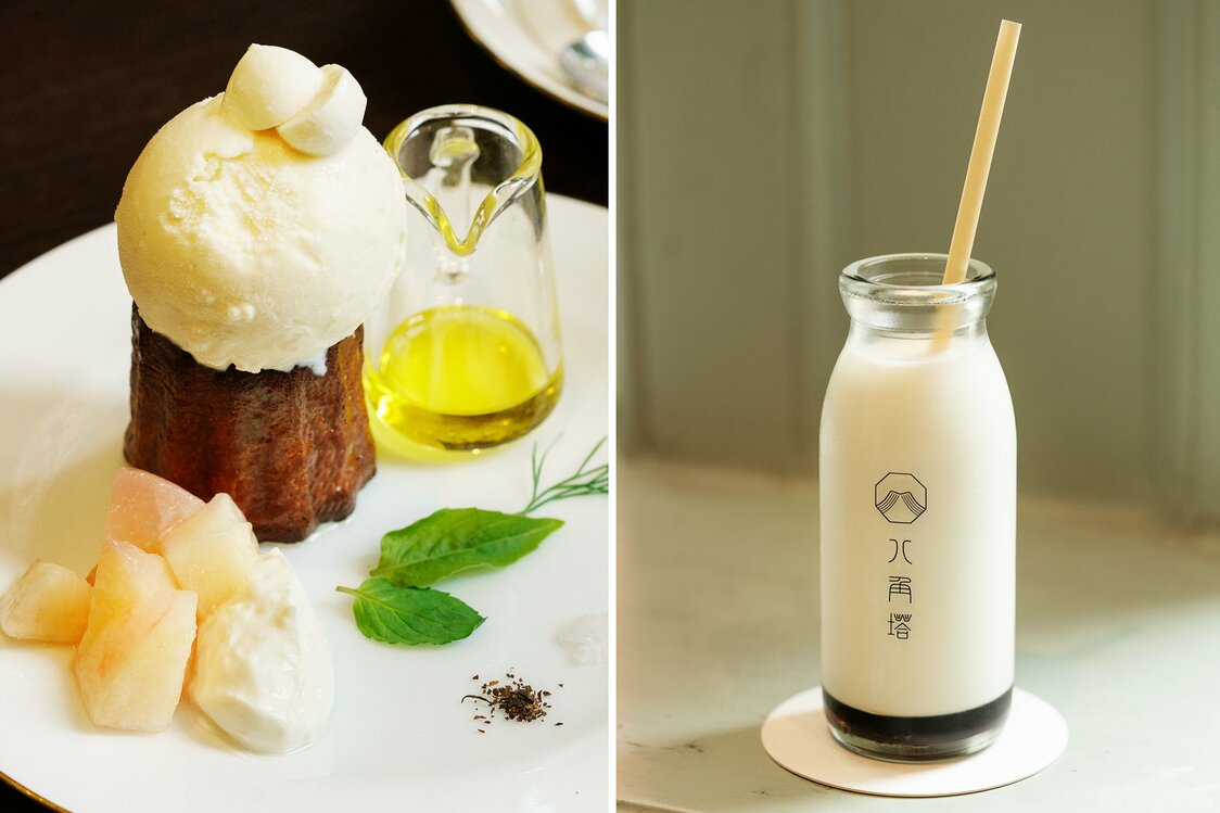 At left, the peachy canelé, and at right, the coffee milk, for which bottles are actually custom-made by Ōkawa Glass. The logo combines the kanji for “eight” (八) with an image of an open book. It also resembles Mount Fuji. (© Kawaguchi Yōko)