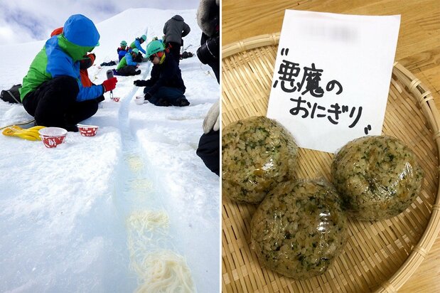 Iceberg nagashi sōmen, a Japanese Antarctic tradition (left); Akuma no onigiri, or “devil’s rice balls.”