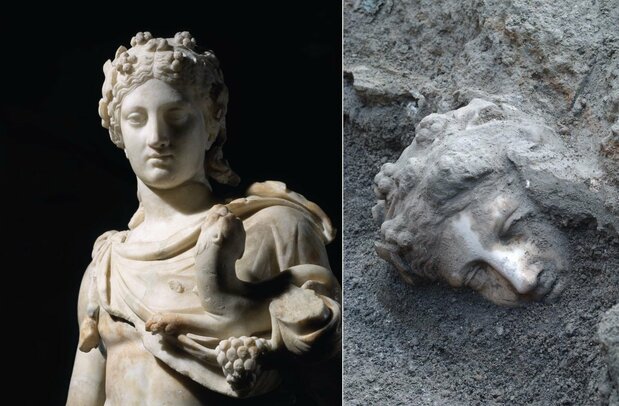 2004年にソンマ遺跡から発掘されたディオニュソスの大理石像。右は発掘時のもの ©UTPSV