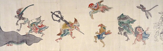 Hyakki yagyō emaki (Illustrated Yōkai Parade Scroll). One of many scrolls portraying parading yōkai. Many types are shown, including tools turned yōkai and animal yōkai. (Courtesy Hyōgo Prefectural Museum of History)
