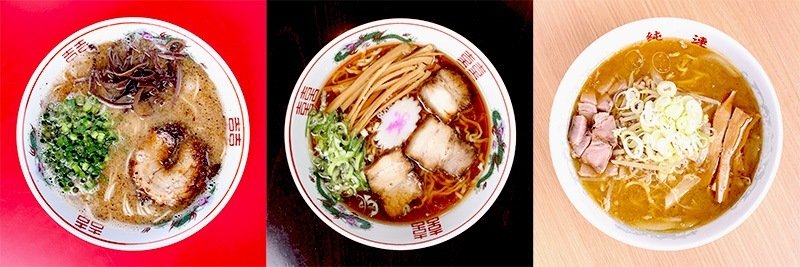 De izquierda a derecha: Tonkotsu ramen (con hueso de cerdo), shōyu ramen (sabor de salsa de soja) y miso ramen (con pasta de soja fermentada).
