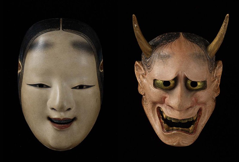 Masques de nô de la famille Kanze. De gauche à droite : « ko-omote » de l’époque d’Edo, réalisé par Yasuhisa. « Hannya> de l’époque de Muromachi, réalisé par Yasha.