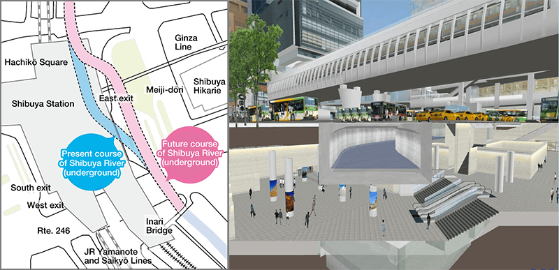 The Shibuya River will be diverted to flow above the underground east exit square. (Image courtesy of Shibuya Future)
