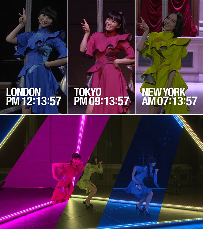 NTTドコモは17年11月、データを低遅延で伝送できる5Gなどの技術を使って、人気女性グループ「Perfume」（パフューム）の3人が東京、ロンドン、ニューヨークで別々に披露したダンスパフォーマンスの映像を同期させ、インターネットのストリーミングで全世界に向け生中継した（写真提供：NTTドコモ）