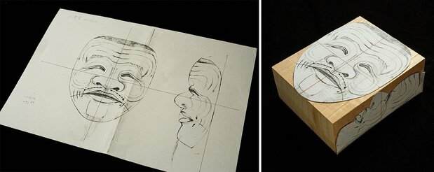 使用“翁面”的型纸(左),描摹在四棱方木上(图片:仓谷清文)