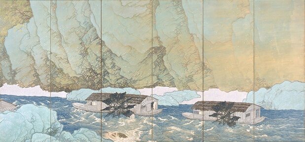 川合玉堂的作品《去春》（1916年，六曲一双屏风，右只高183厘米，宽390厘米）