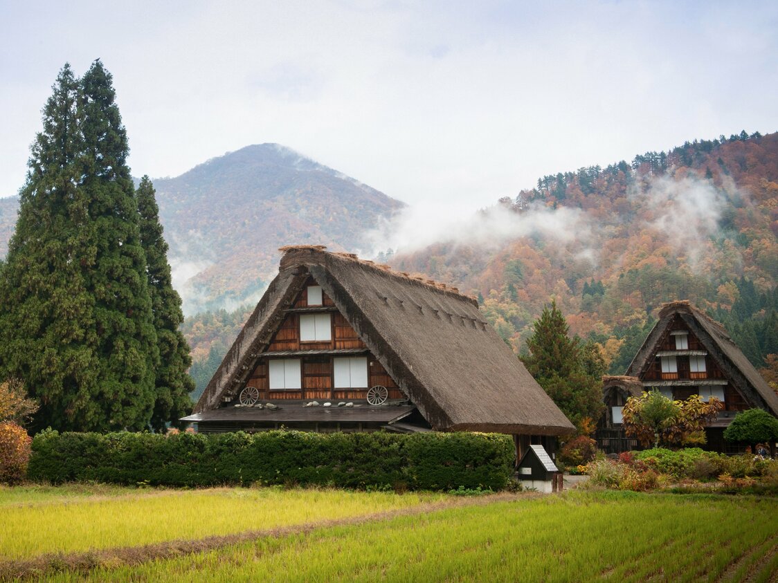 紅葉に染まる山を背景にすると趣がより深まる合掌造り