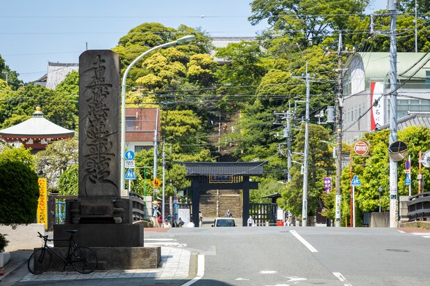 吞川(のみかわ)に架かる霊山橋のたもとに立つ題目宝塔越しに、本門寺の高台を望む