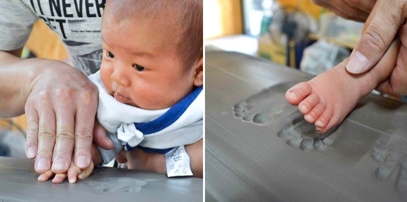 A piece of Sōma pottery commemorates the birth of a child, with the date of birth engraved alongside imprints of the hands and feet). The model is Masanori’s baby son, Haruki.
