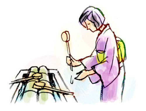 再次清洗左手，最后将长柄勺竖起来，让剩余的水流出，以清洗长柄。最后，让水全部流干净后，将长柄勺放回原处