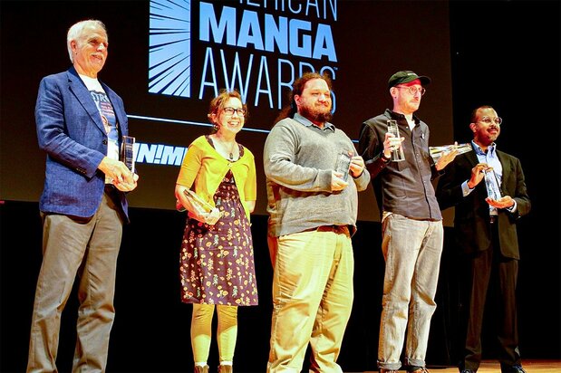 Frederik Schodt (far left) at the first American Manga Awards ceremony, in 2024. (© Kasumi Abe)