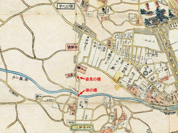 『安政改正御江戸大絵図』(1858年刊、国会図書館蔵)より、高田馬場(中央下)から雑司ヶ谷(中央上)までを切り抜いた。神田川は「井ノ頭上水」、面影橋は「ヲモカケノハシ」と記載されている