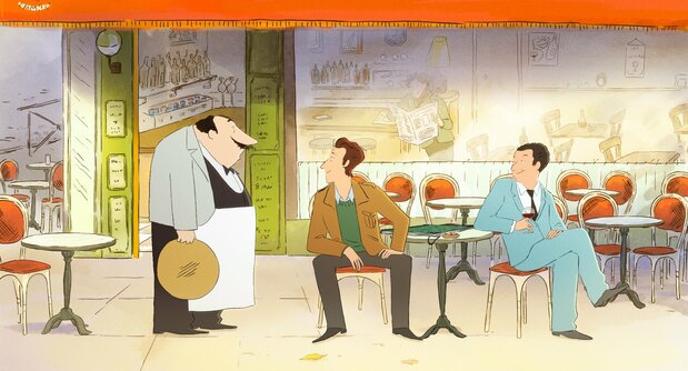 映画『プチ・ニコラ パリがくれた幸せ』の冒頭。ジャン=ジャック・サンペ(中央)がルネ・ゴシニ(右)に共作を提案する ©2022 Onyx Films – Bidibul Productions – Rectangle Productions – Chapter 2