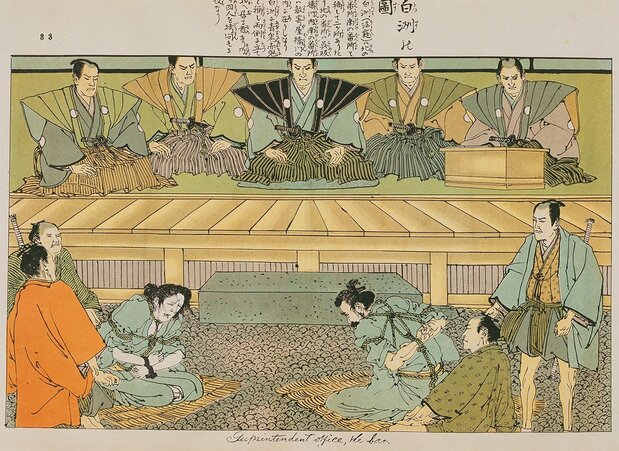 Criminales obligados a sentarse en la postura de kiza sobre un suelo de grava durante un juicio (shirasu) en el periodo Edo (1603-1868). Tokugawa keiji zufu (Imágenes penales de los tiempos de Tokugawa), de la colección del Museo de la Universidad Meiji.
