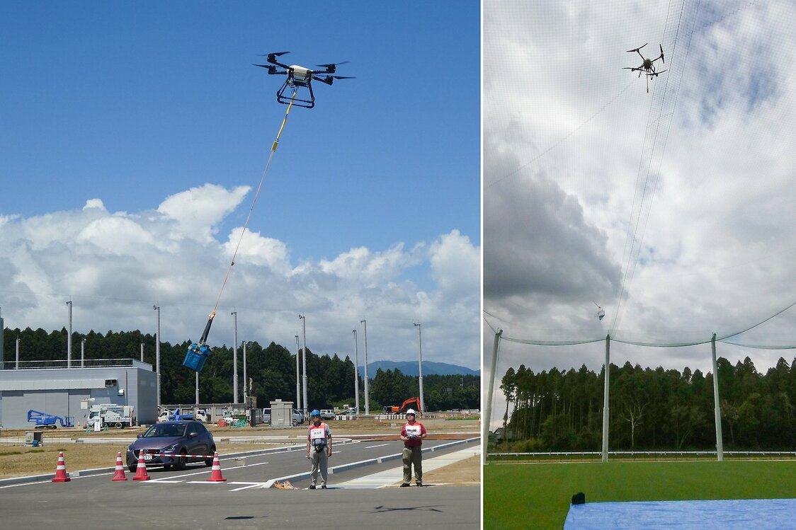 東京都立墨東病院のチームが中心となって行ったUAV(ドローン）による輸血用血液の輸送実験（左、2019年6月）と、緩衝ネット付飛行場での血液パックの投下実験（2019年11月）　写真提供：福島ロボットテストフィールド