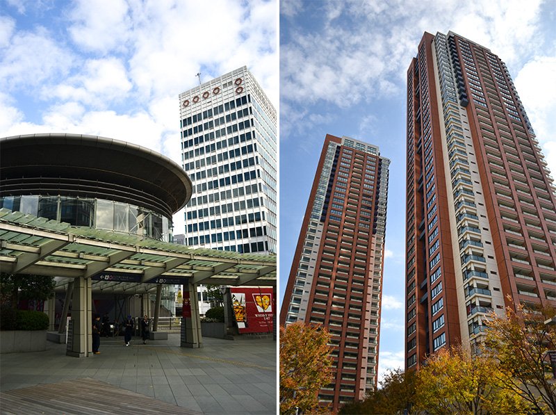 左：地下鉄（左の建物）から六本木ヒルズ「ノースタワー」（右）へのアクセス「メトロハット」。右：居住用ツインタワー