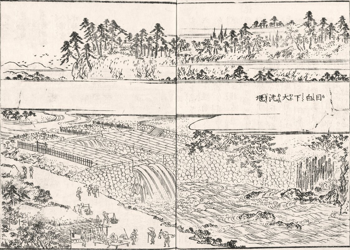 『江戸名所図会』（国会図書館蔵）の「目白下大洗堰」。現代のダムのような大洗堰には、多くの見物客が訪れたであろう