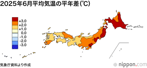 2025年6月平均気温の平年差(℃)