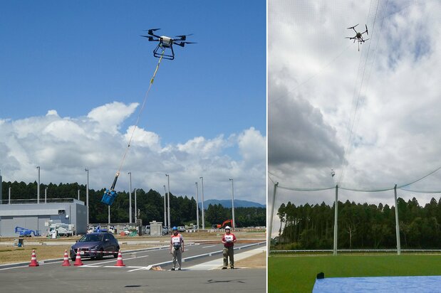 東京都立墨東病院のチームが中心となって行ったUAV(ドローン）による輸血用血液の輸送実験（左、2019年6月）と、緩衝ネット付飛行場での血液パックの投下実験（2019年11月）　写真提供：福島ロボットテストフィールド