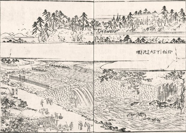 『江戸名所図会』(国会図書館蔵)の「目白下大洗堰」。現代のダムのような大洗堰には、多くの見物客が訪れたであろう