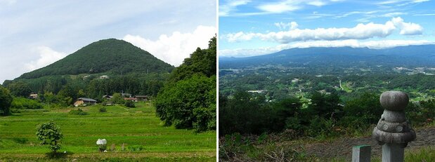 千貫森（写真左：標高462.5メートル）と頂上からの眺望　(提供：UFOふれあい館）
