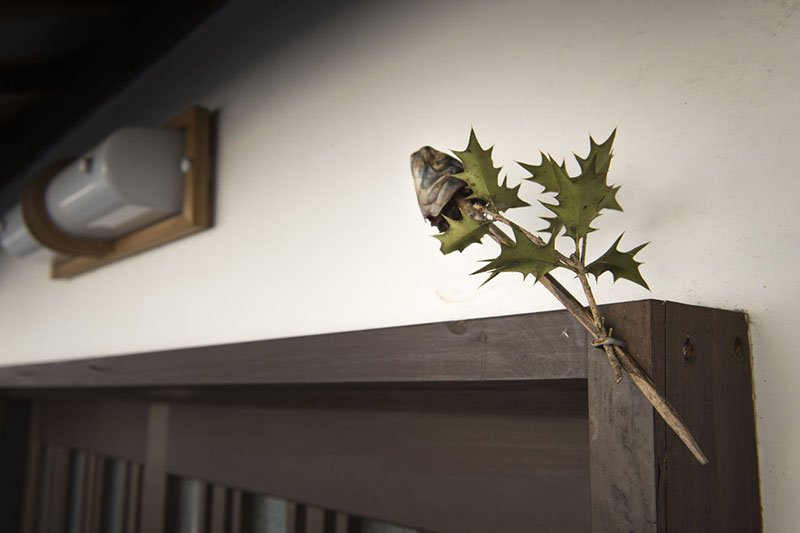 Decoración con motivo del inicio de la primavera en la entrada de una vivienda: una rama de acebo y una cabeza de sardina.